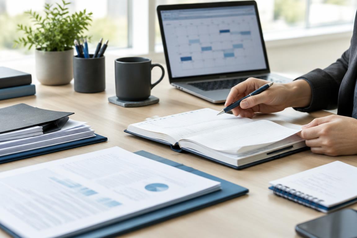 Illustrative executive workspace with a calendar, planner, and organized documents