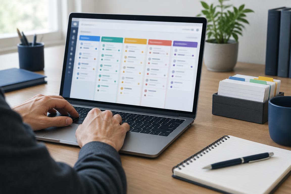 Illustrative CRM workspace with a customer pipeline on a laptop and organized records