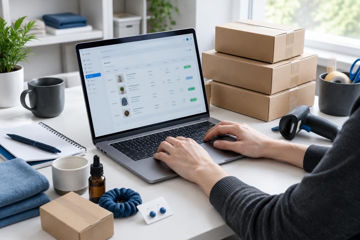 Illustrative online store workspace with product records, samples, and shipping boxes