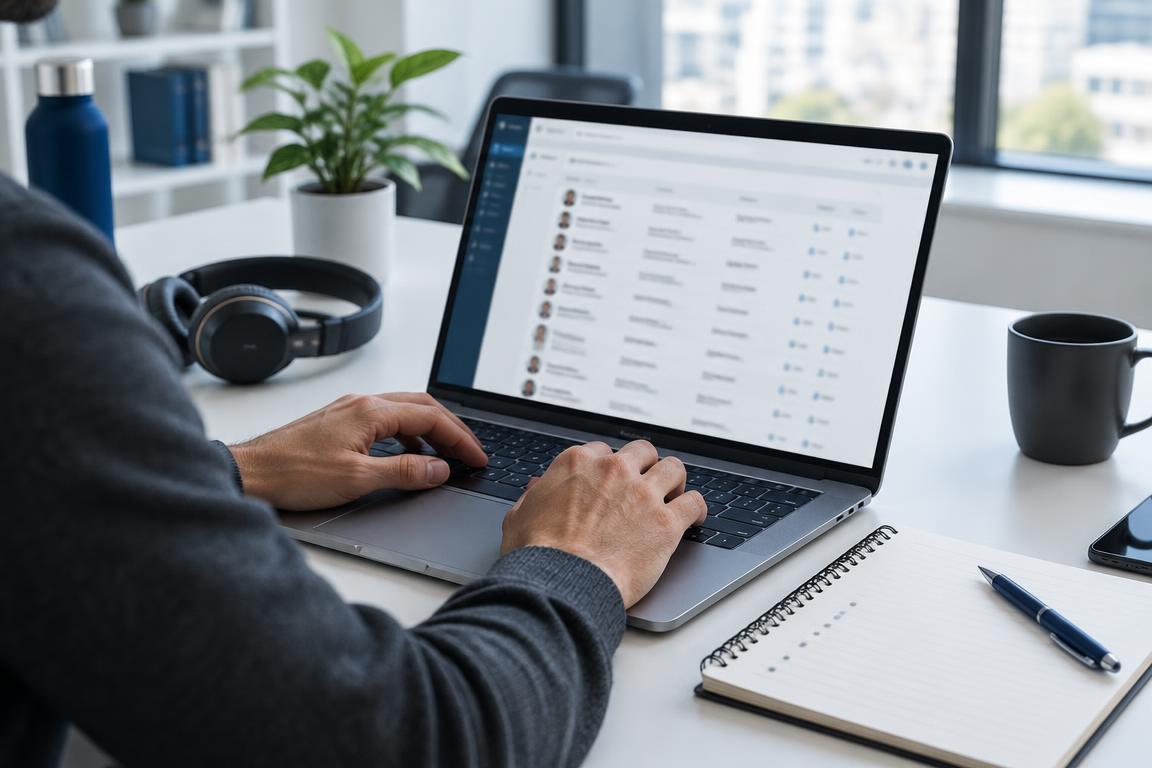 Illustrative prospect research on a laptop with contact records and a notebook