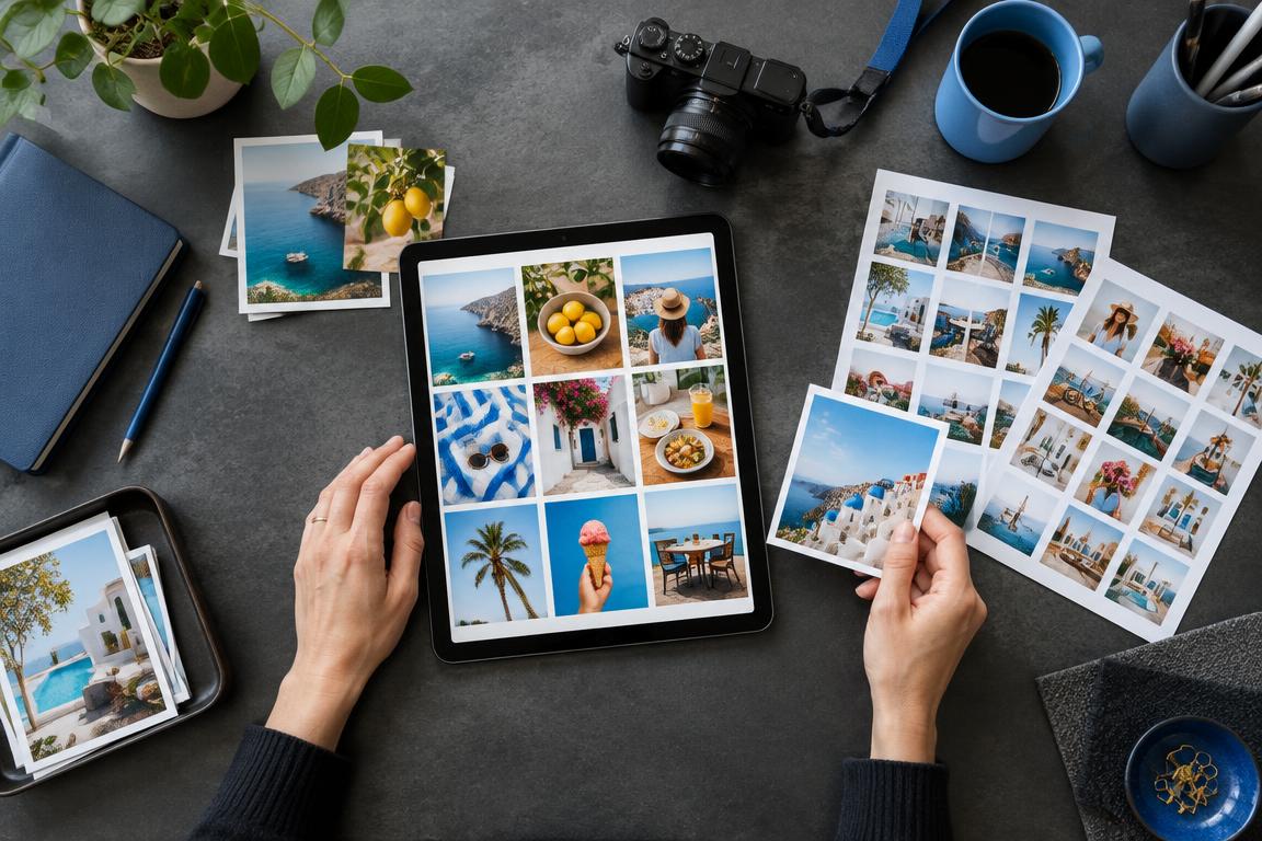 Illustrative content-planning desk with a tablet, camera, and arranged photographs
