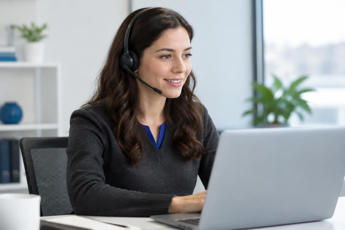Illustrative customer support professional wearing a headset at a workstation